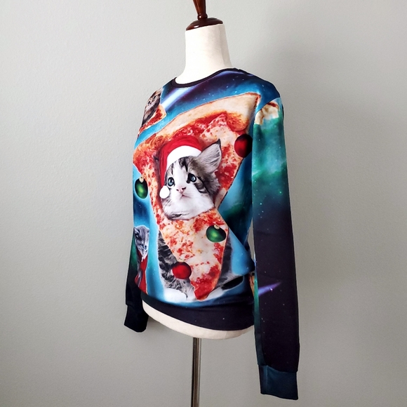 Cats & Pizza Blue Christmas Holiday Sweatshirt, Size Medium/ Large - Picture 2 of 12